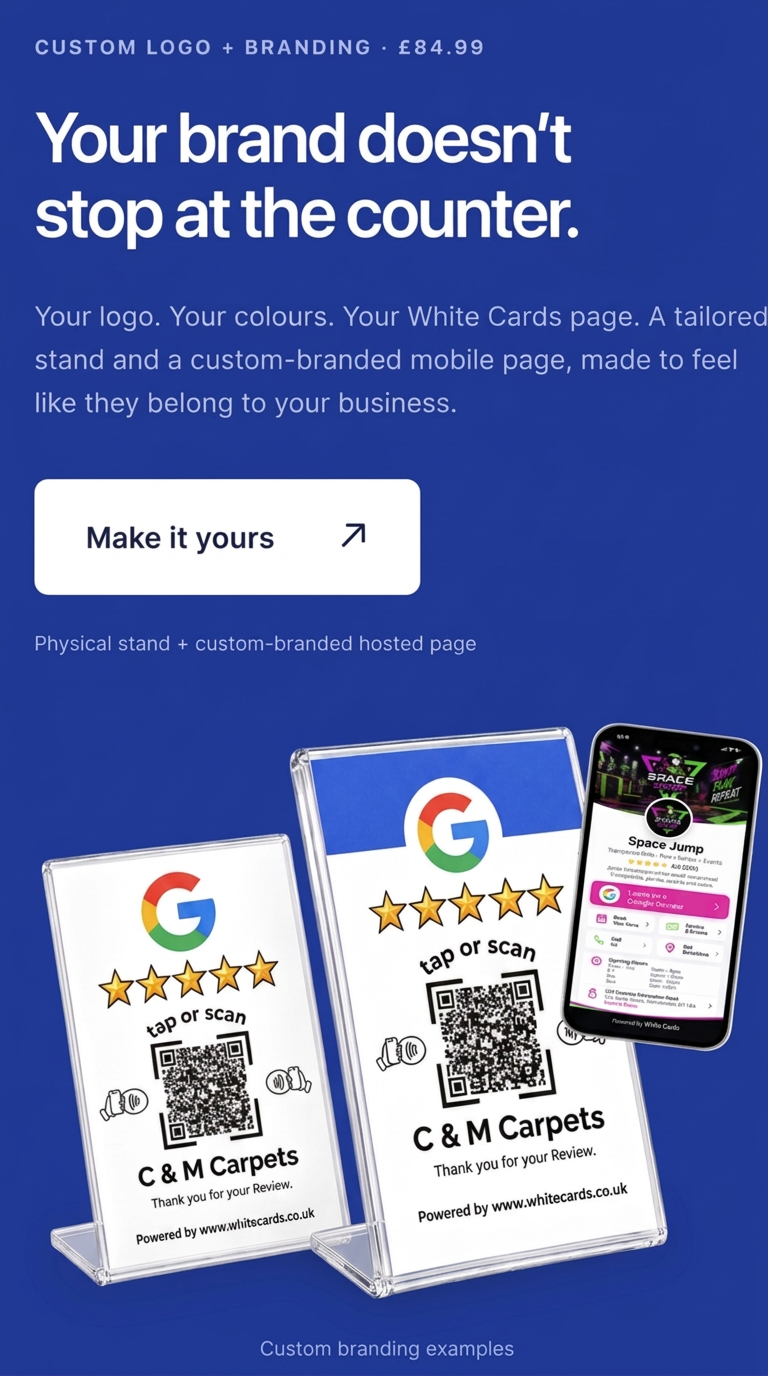 Custom branded Google review stands and mobile business page examples