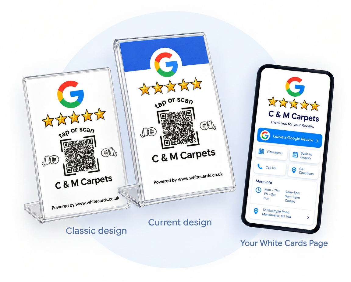 White Cards Google review stands in classic and current designs next to a phone showing the White Cards dashboard